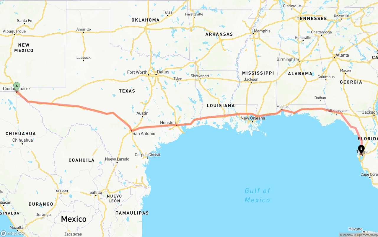 Shipping route from El Paso to Tampa International Airport