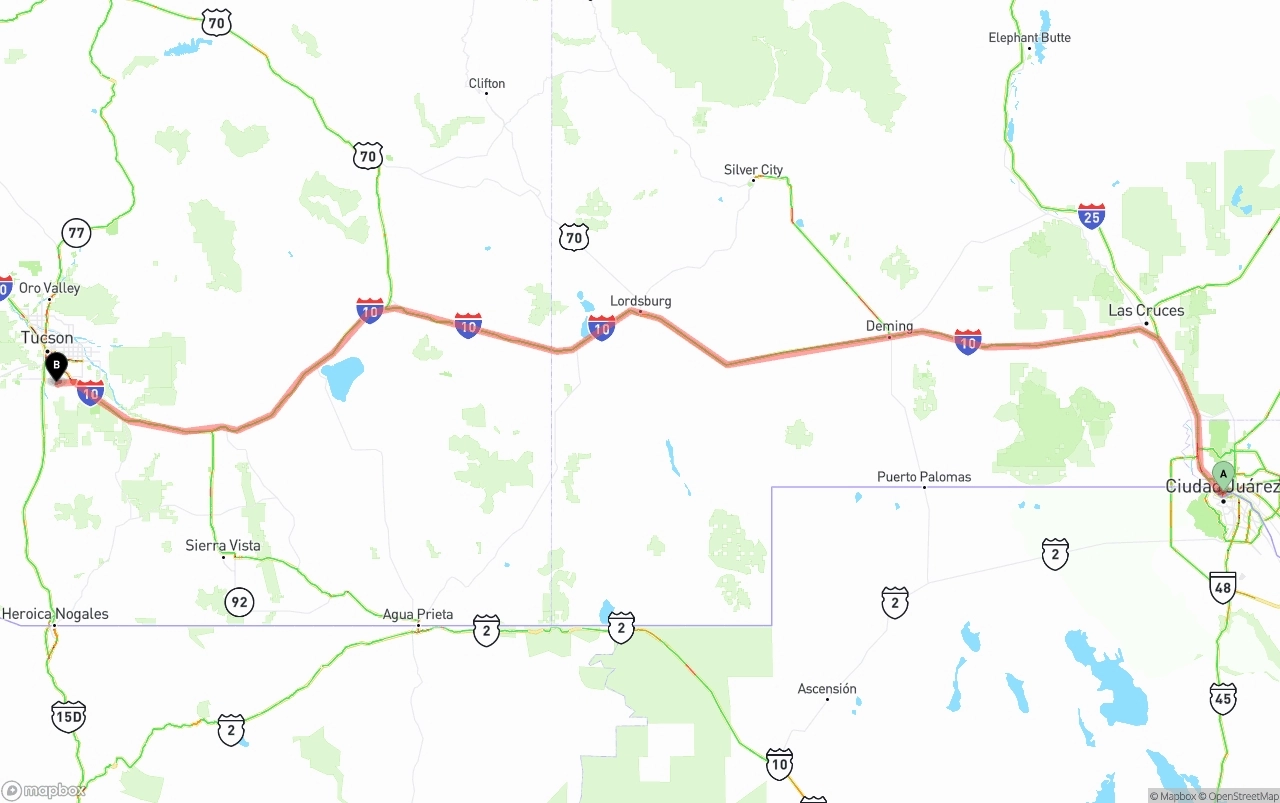Shipping route from El Paso to Tucson International Airport