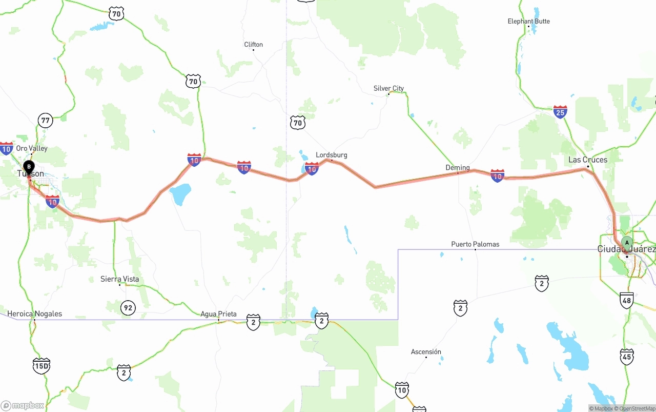 Shipping route from El Paso to Tucson