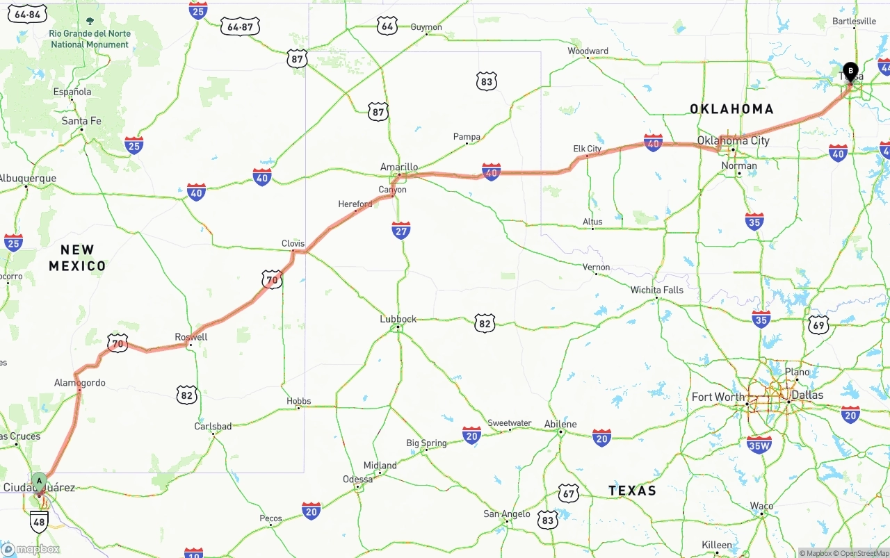 Shipping route from El Paso to Tulsa