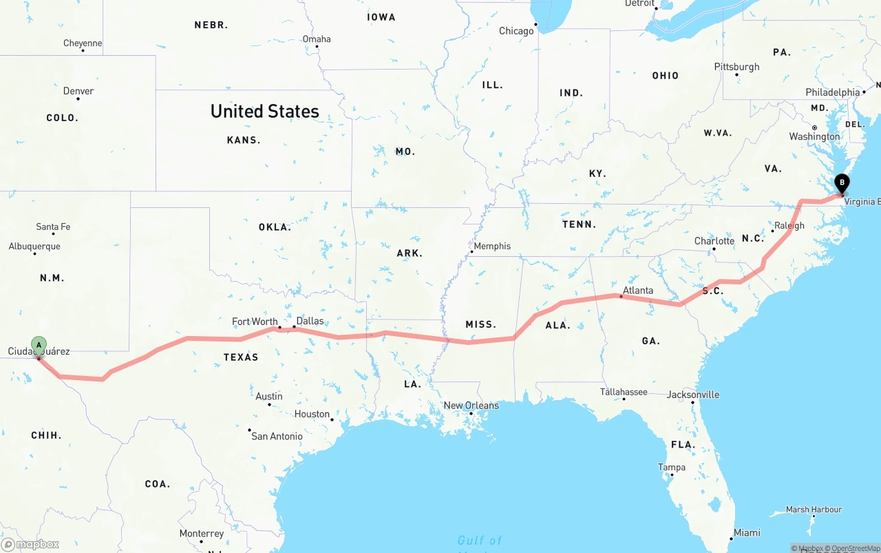 Shipping route from El Paso to Virginia Beach