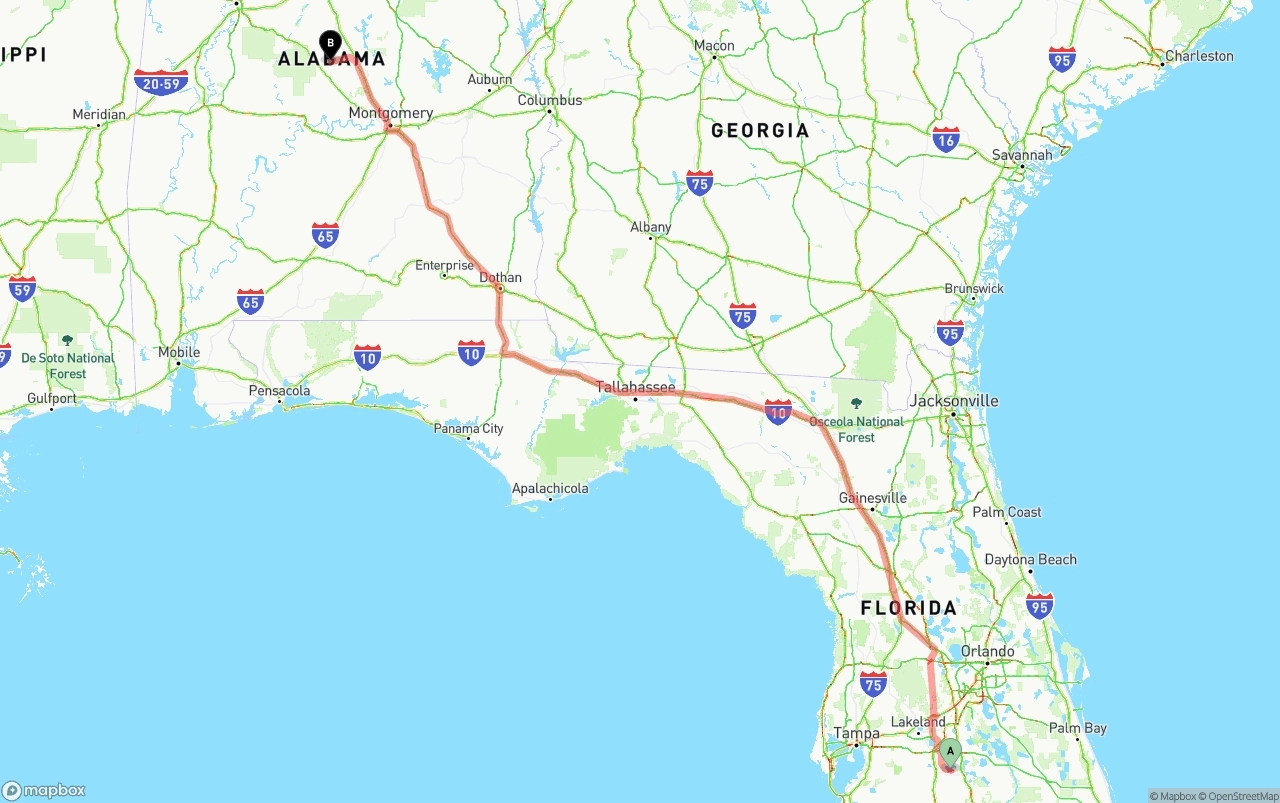 Shipping route from Florida to Alabama