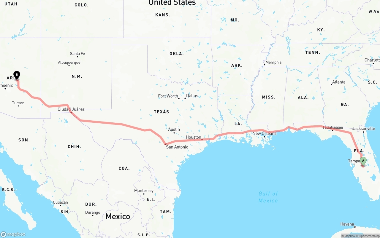 Shipping route from Florida to Arizona