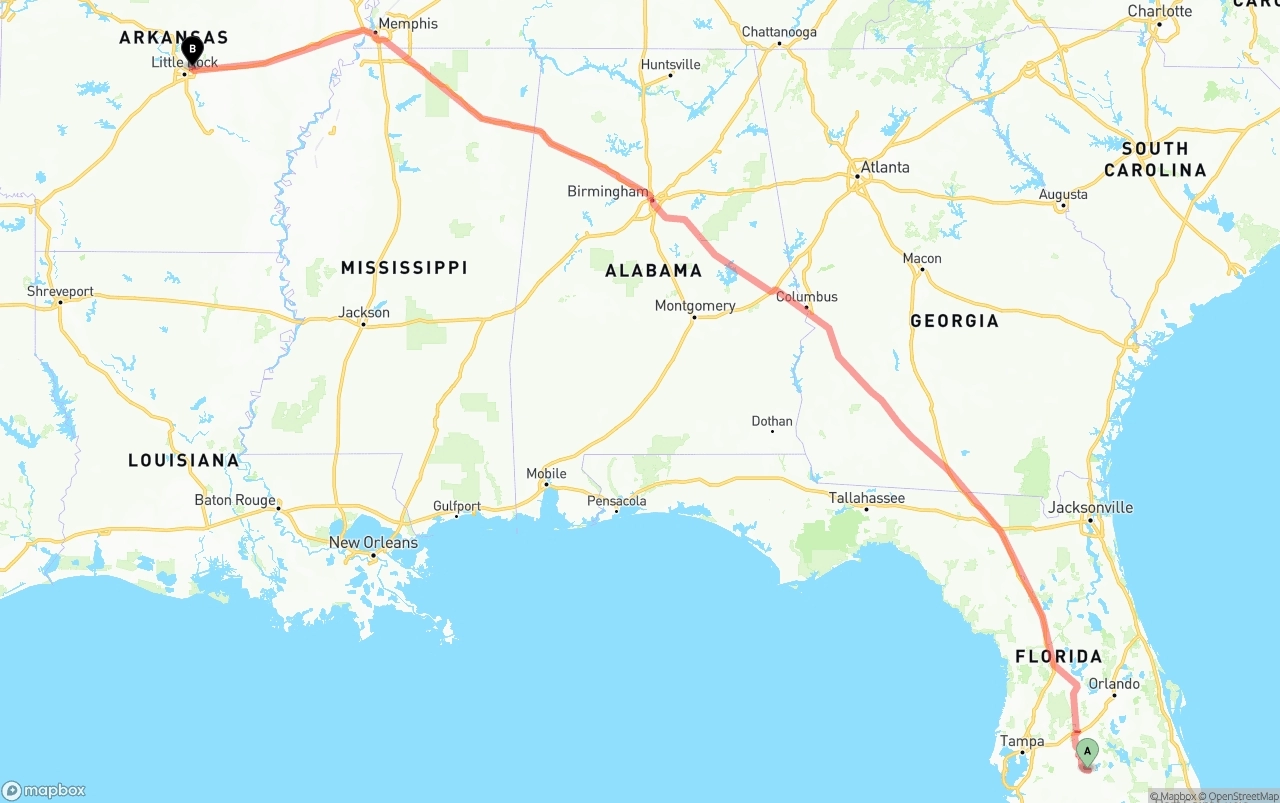 Shipping route from Florida to Arkansas