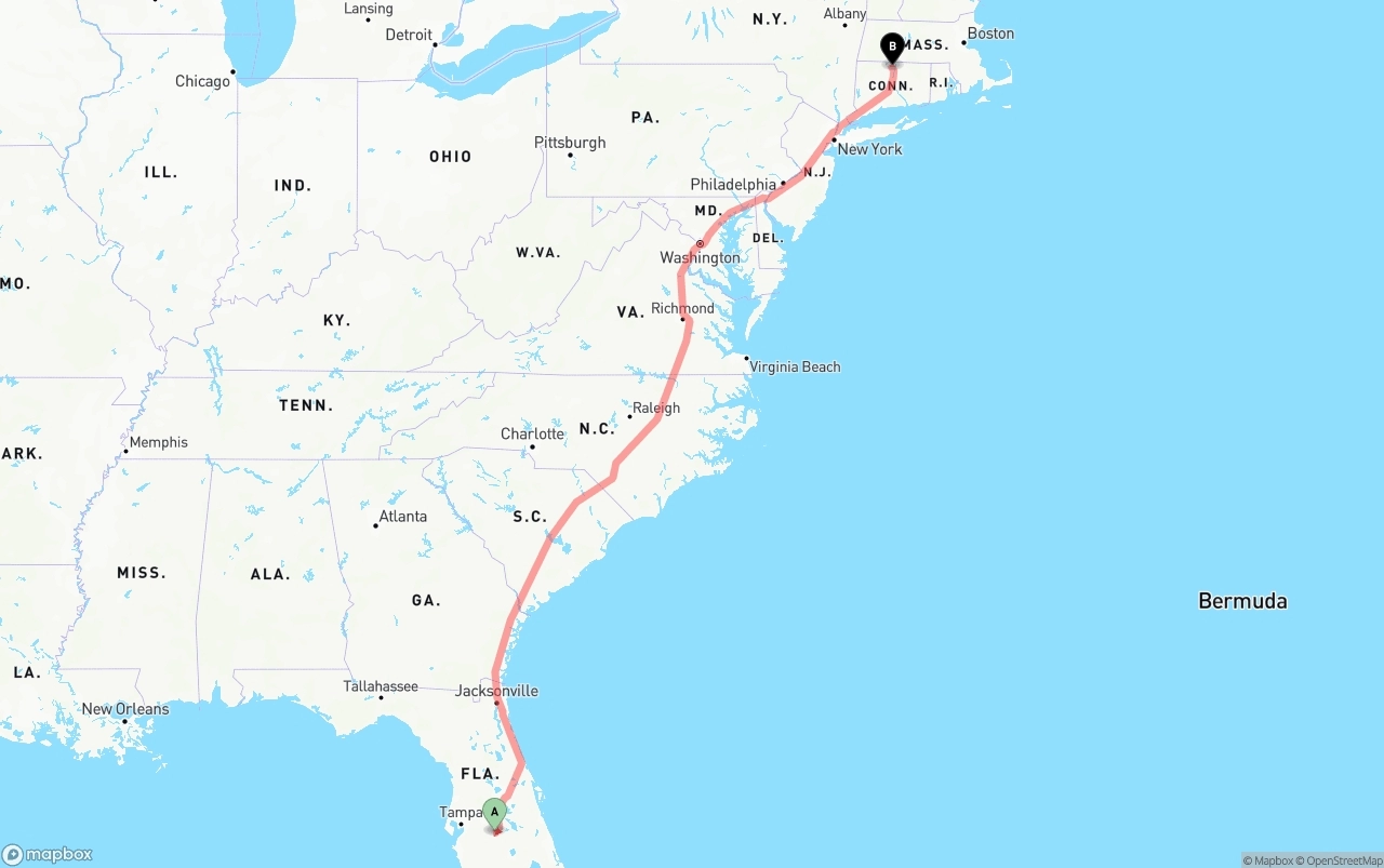 Shipping route from Florida to Bradley International Airport
