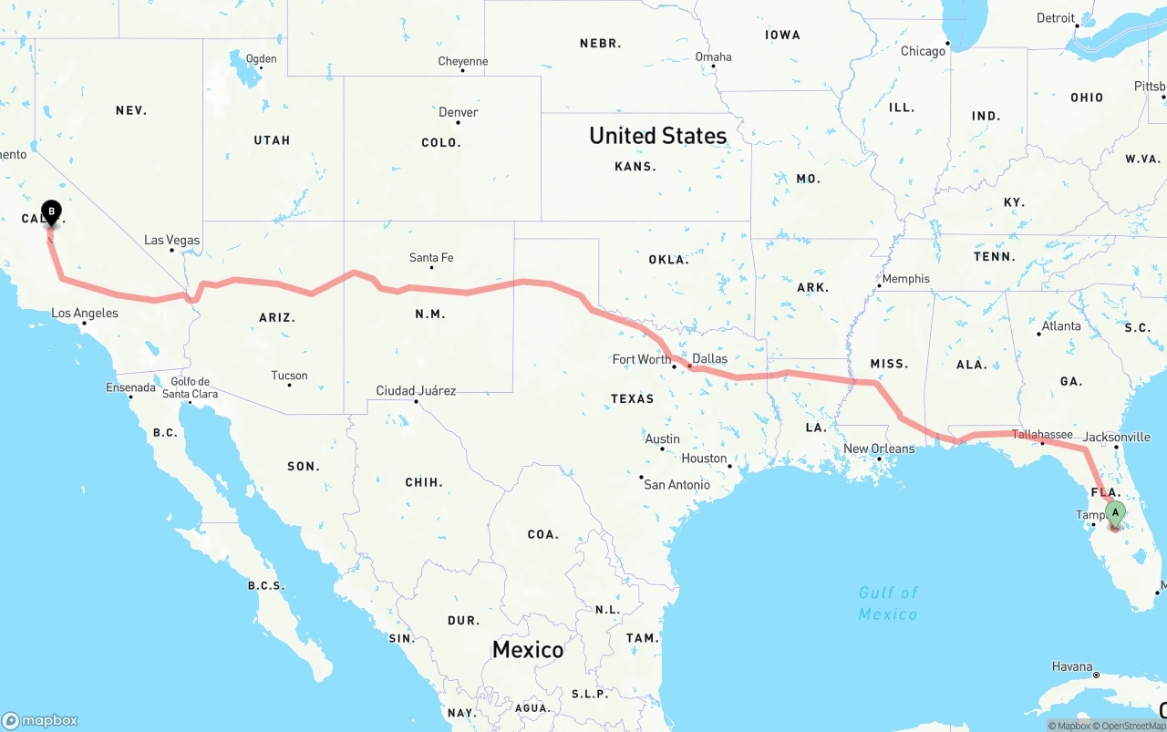 Shipping route from Florida to California