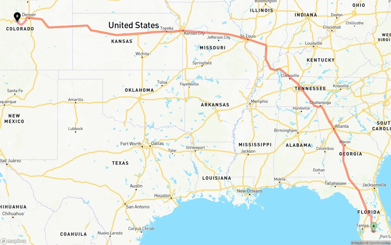 Shipping route from Florida to Colorado