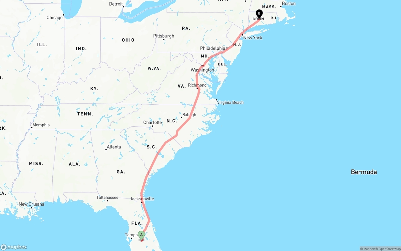 Shipping route from Florida to Connecticut