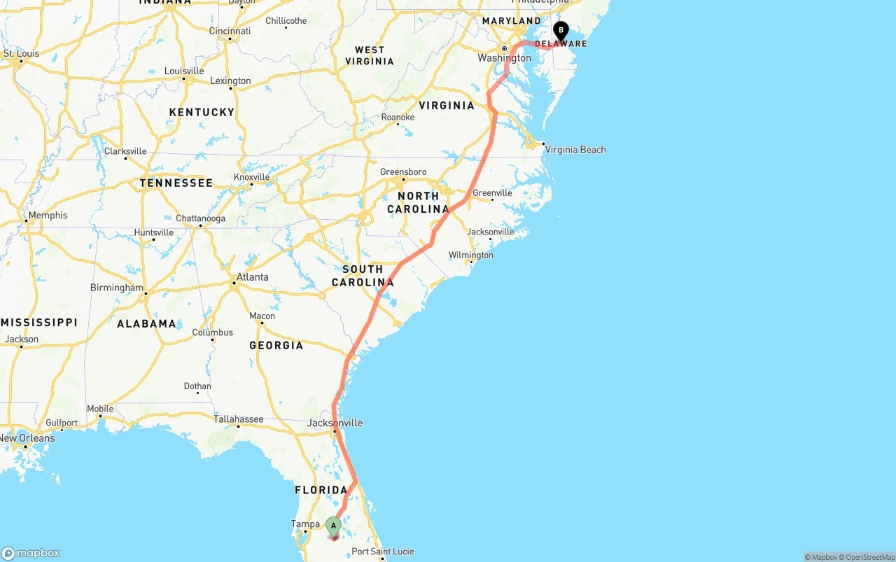 Shipping route from Florida to Delaware