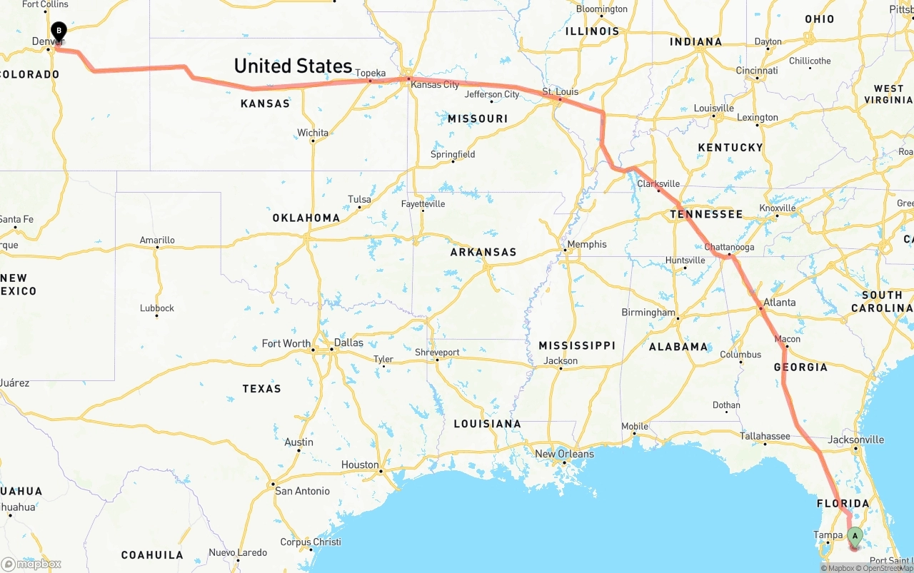 Shipping route from Florida to Denver International Airport