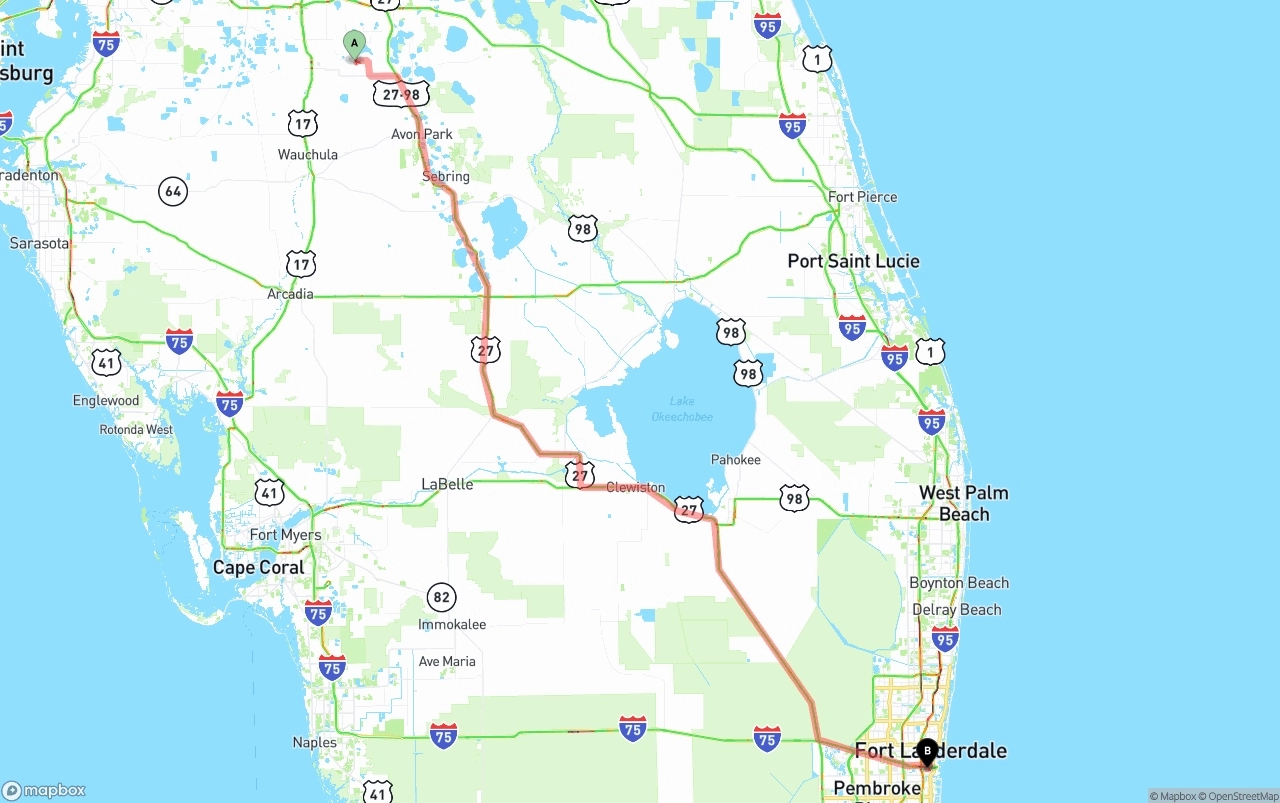 Shipping route from Florida to Fort Lauderdale-Hollywood International Airport