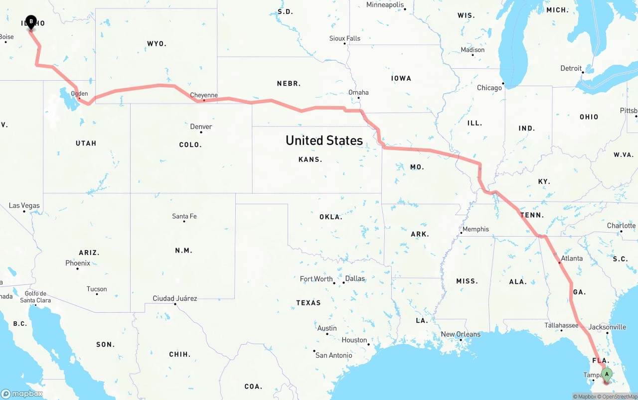 Shipping route from Florida to Idaho