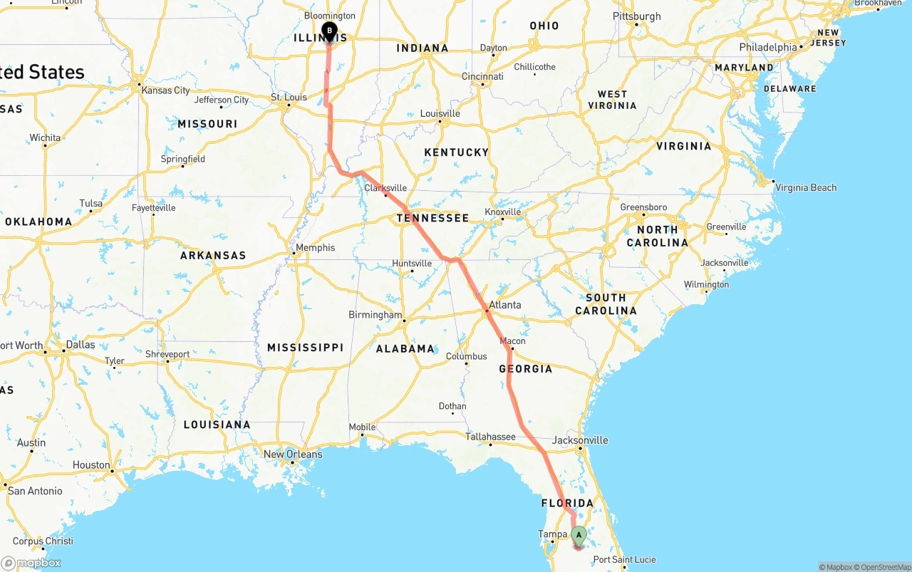 Shipping route from Florida to Illinois