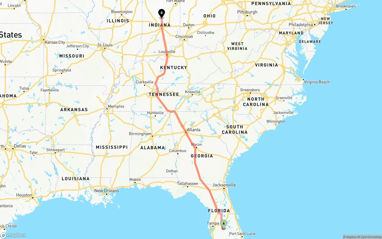 Shipping route from Florida to Indiana