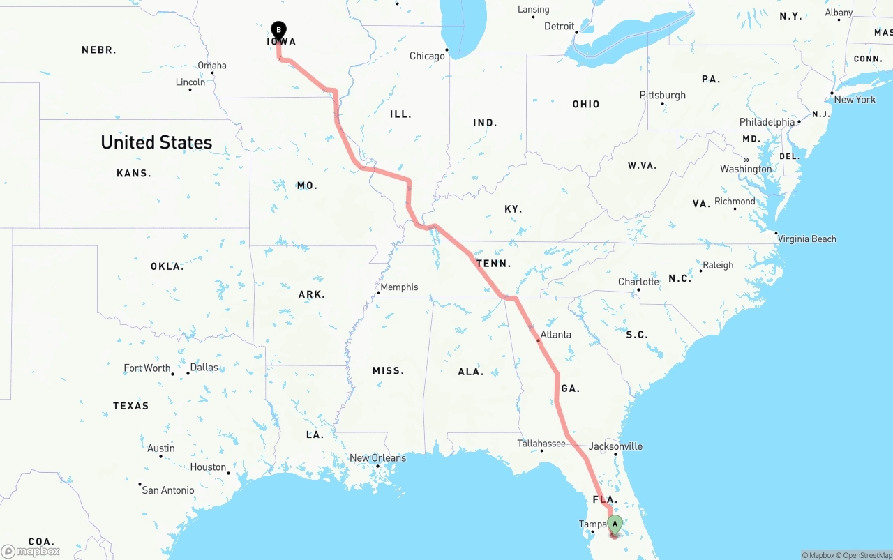 Shipping route from Florida to Iowa