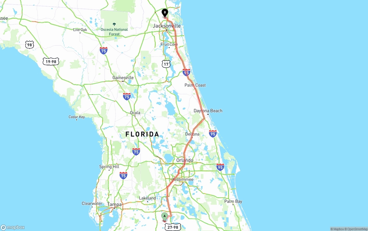 Shipping route from Florida to Jacksonville International Airport