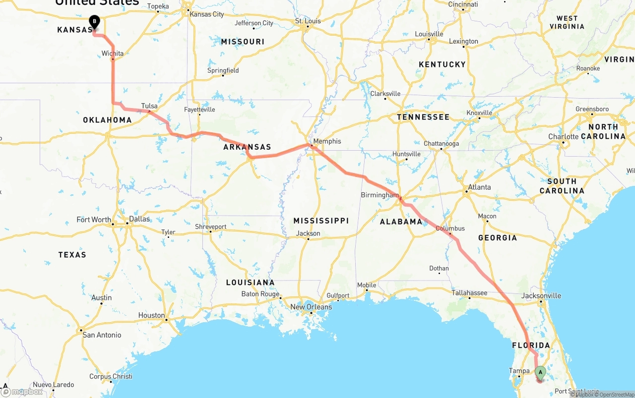Shipping route from Florida to Kansas