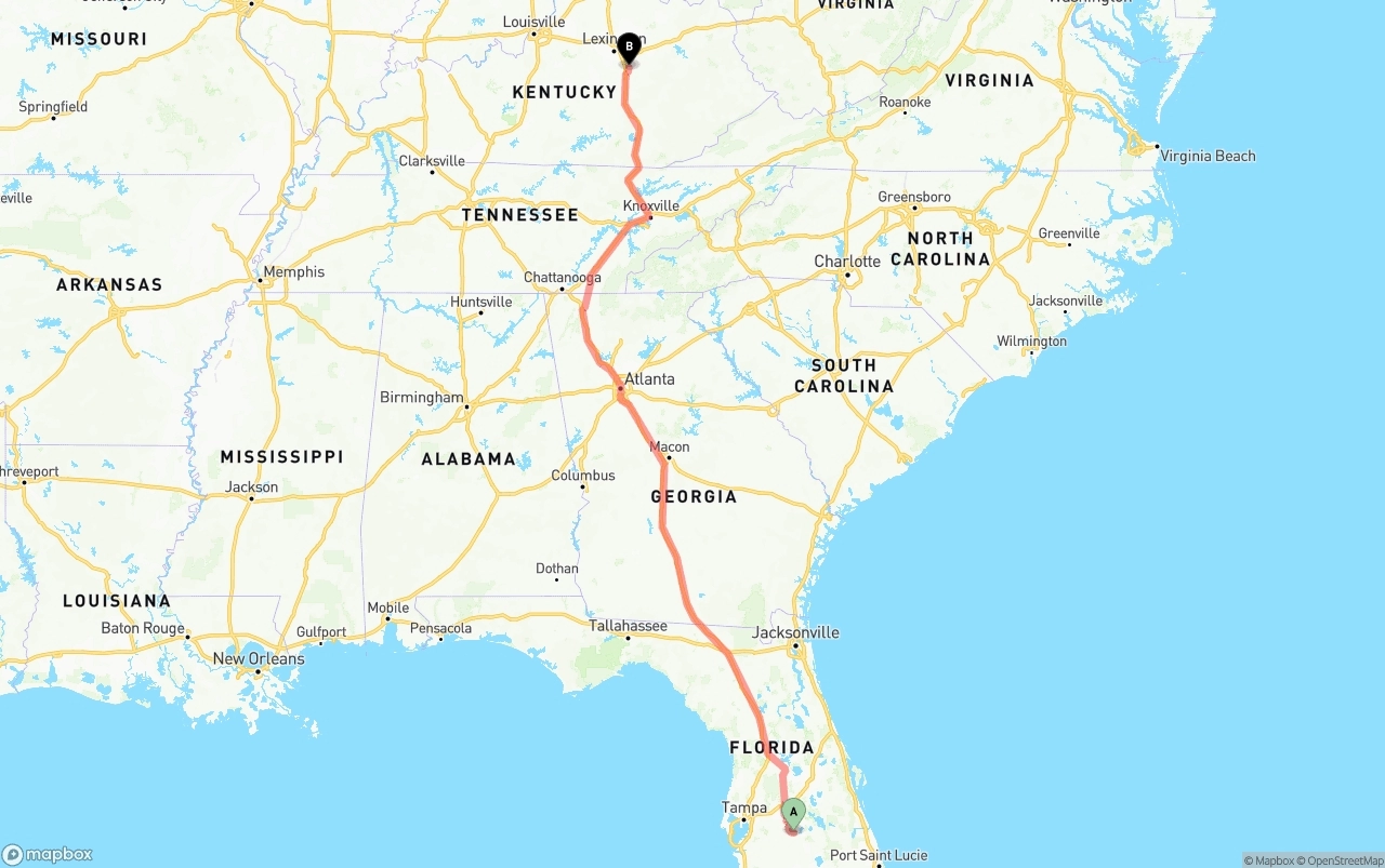 Shipping route from Florida to Kentucky