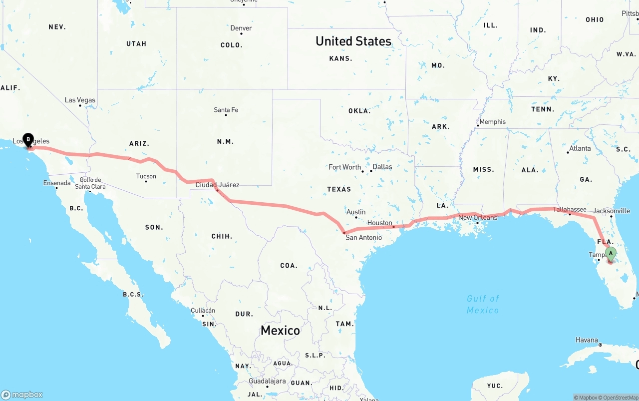 Shipping route from Florida to Los Angeles International Airport