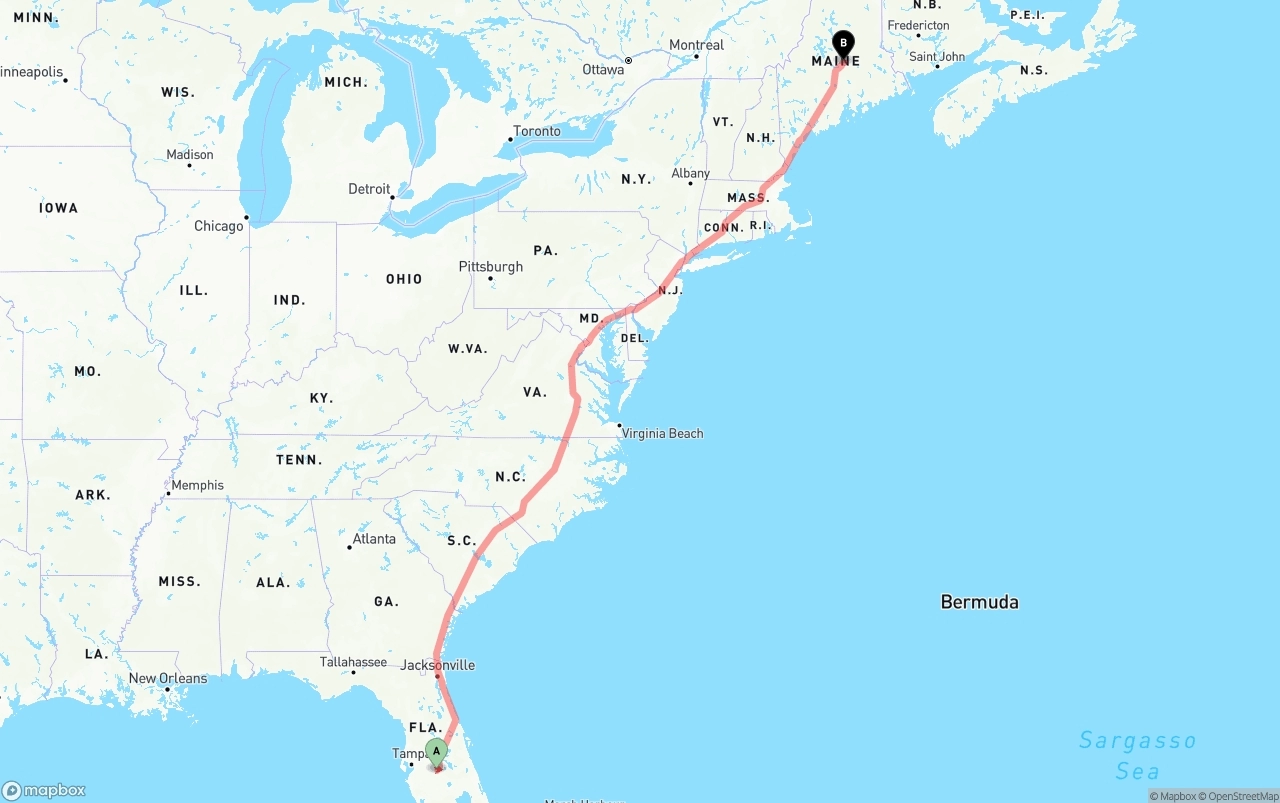 Shipping route from Florida to Maine