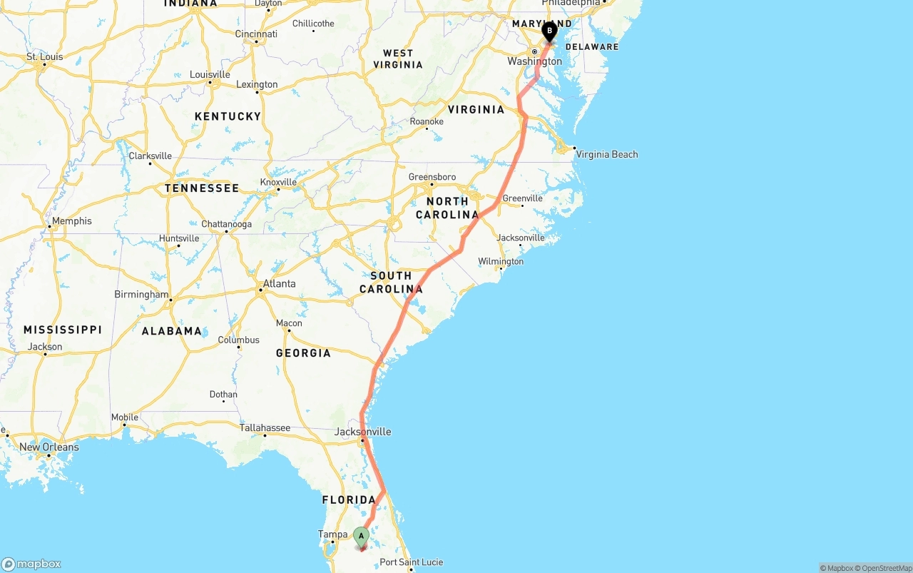 Shipping route from Florida to Maryland