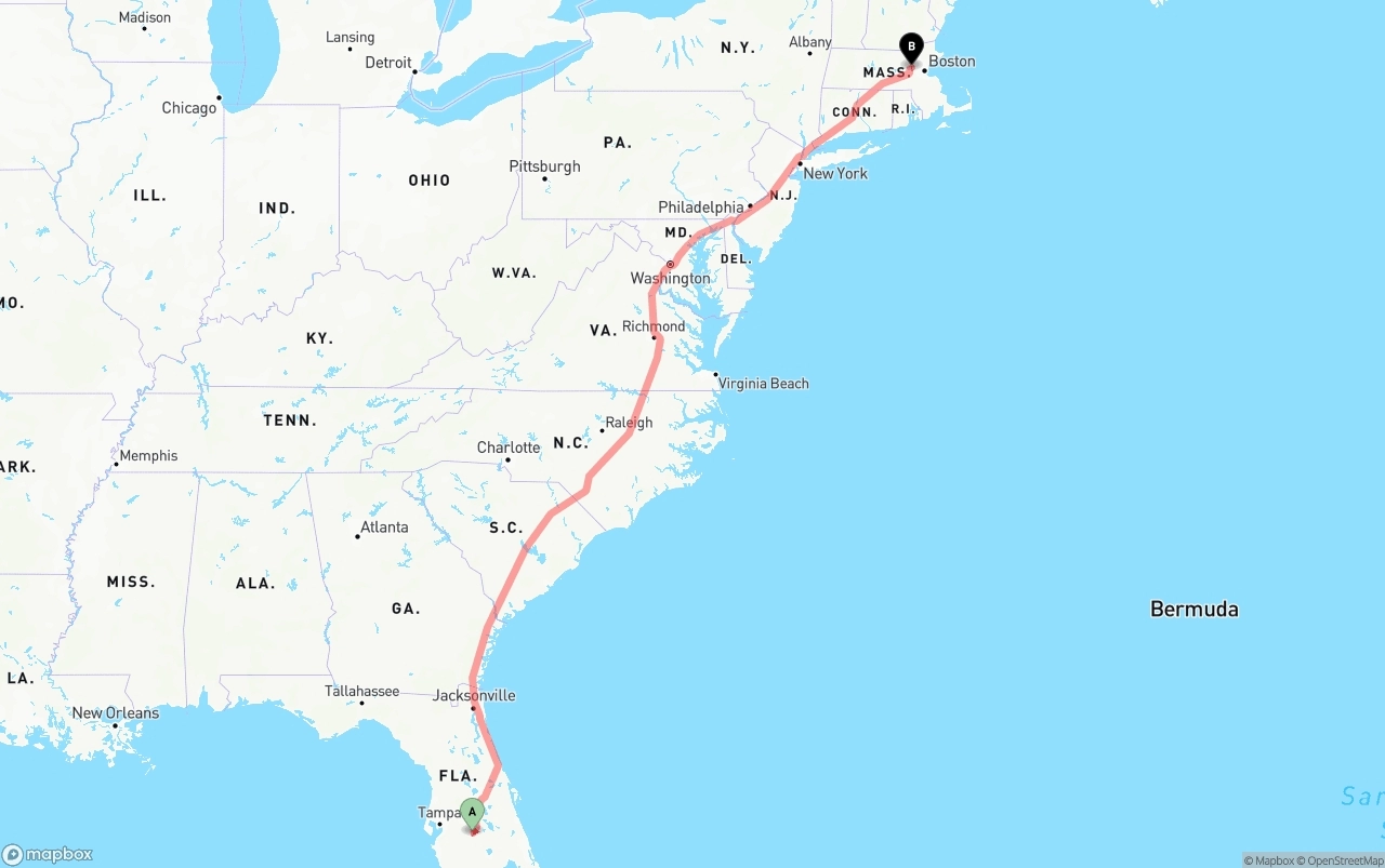Shipping route from Florida to Massachusetts