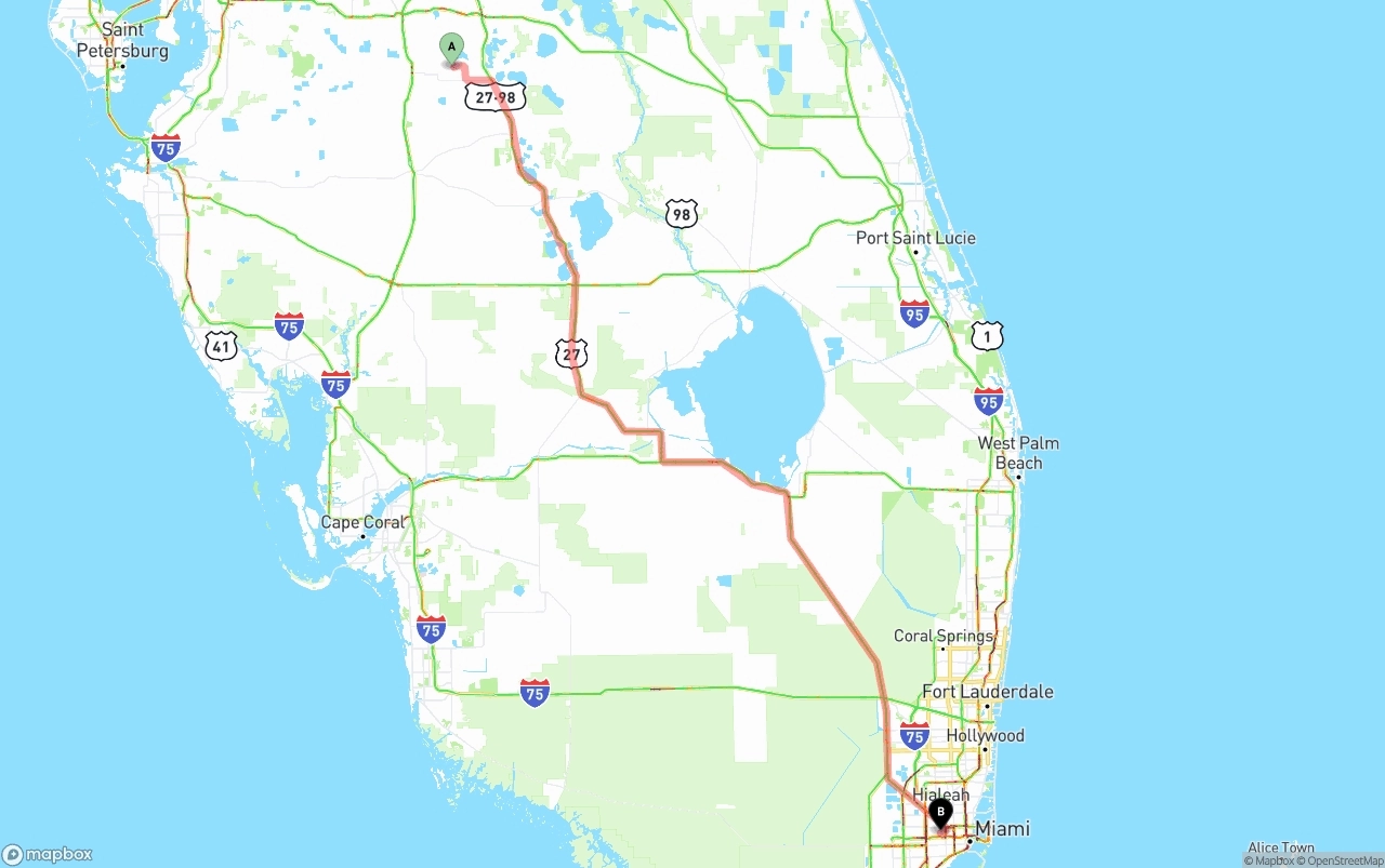 Shipping route from Florida to Miami International Airport
