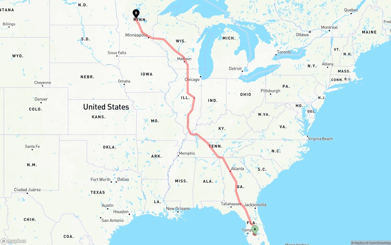 Shipping route from Florida to Minnesota