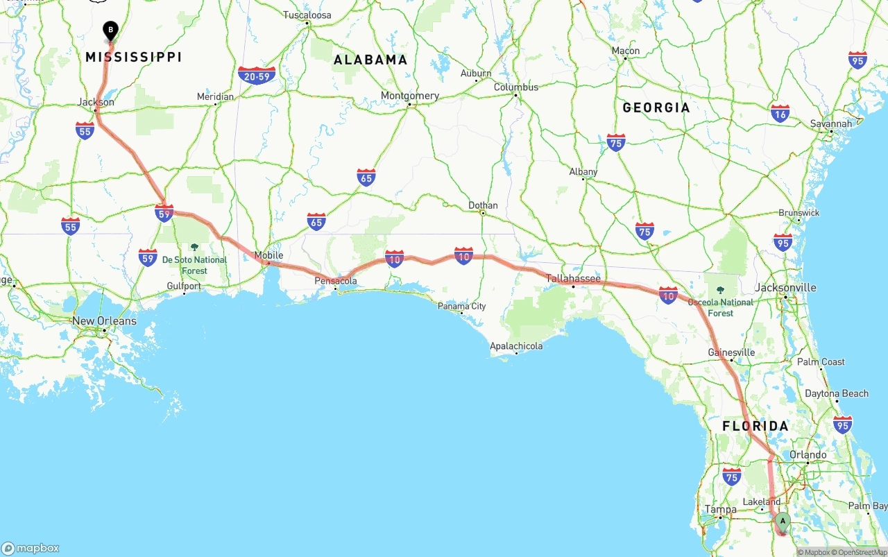 Shipping route from Florida to Mississippi
