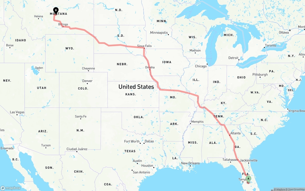 Shipping route from Florida to Montana