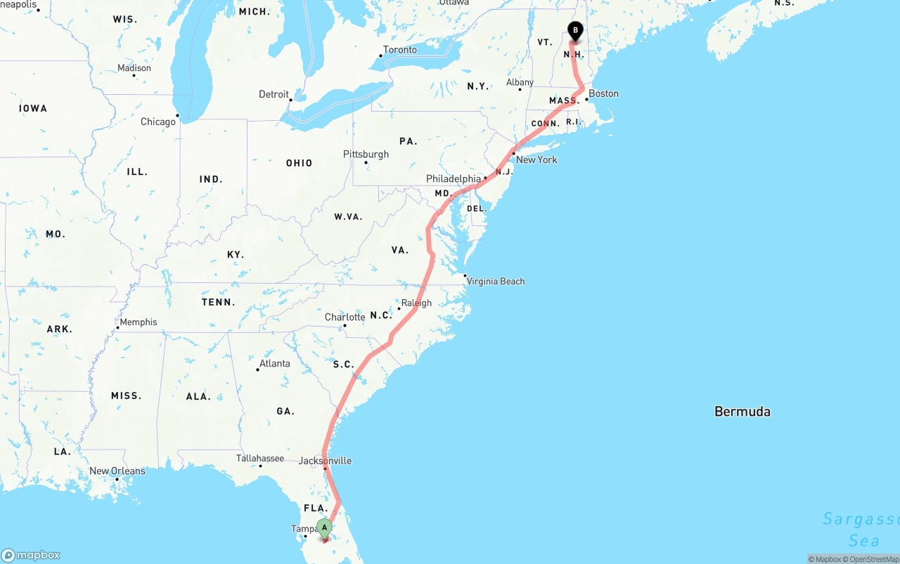 Shipping route from Florida to New Hampshire