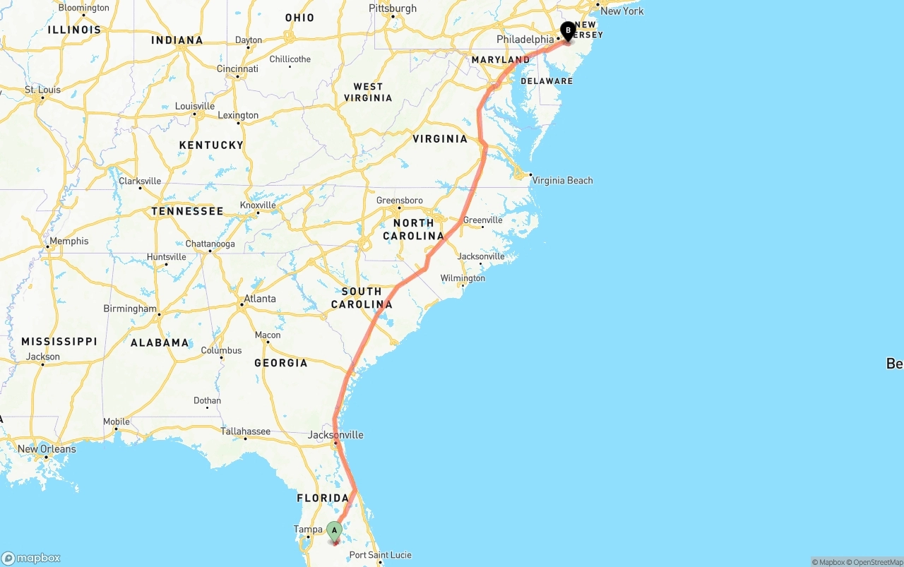 Shipping route from Florida to New Jersey