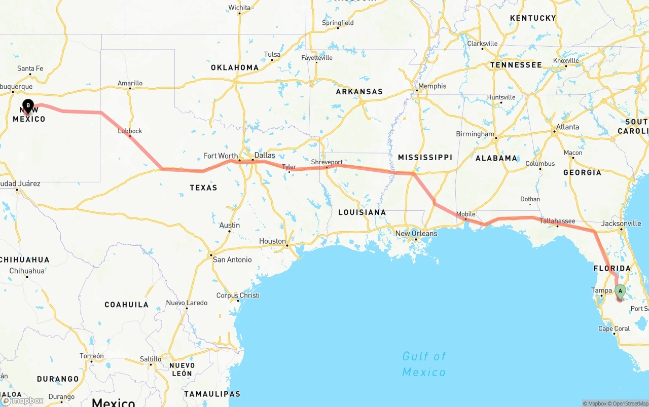 Shipping route from Florida to New Mexico