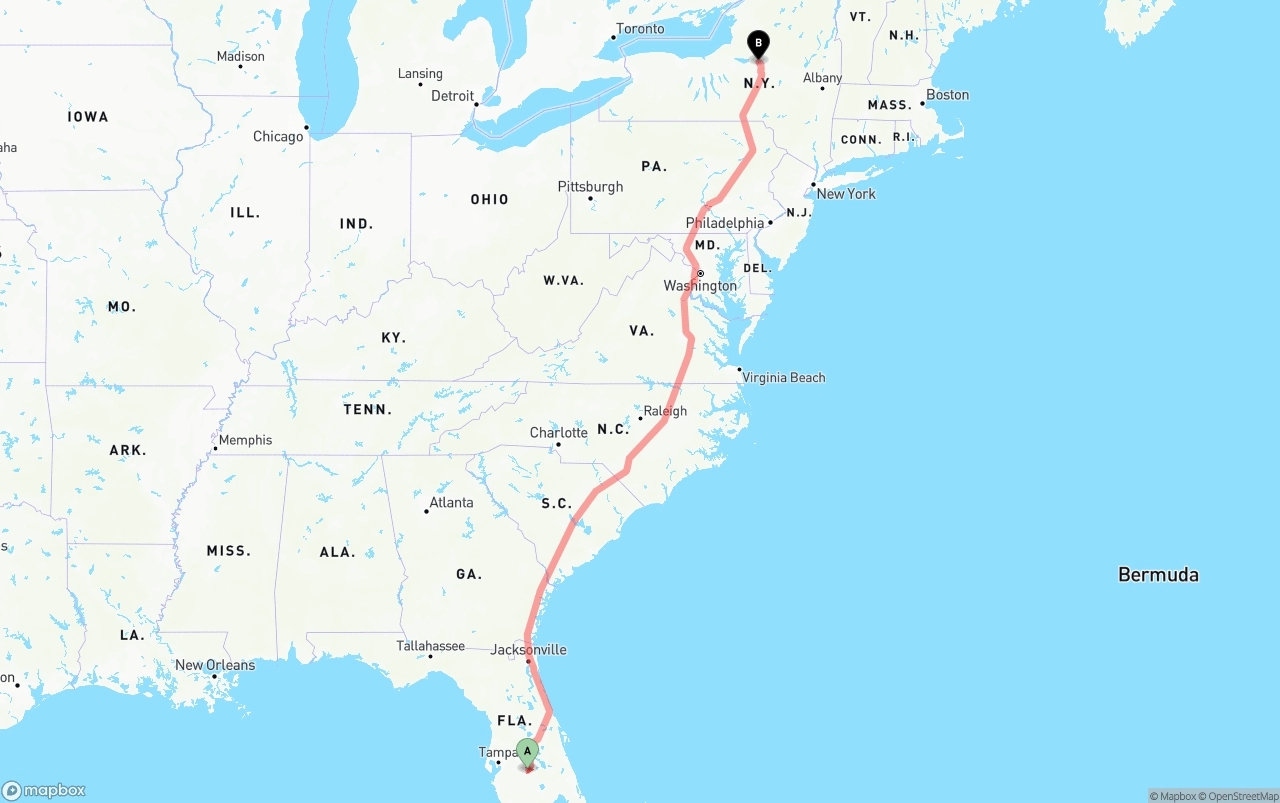 Shipping route from Florida to New York
