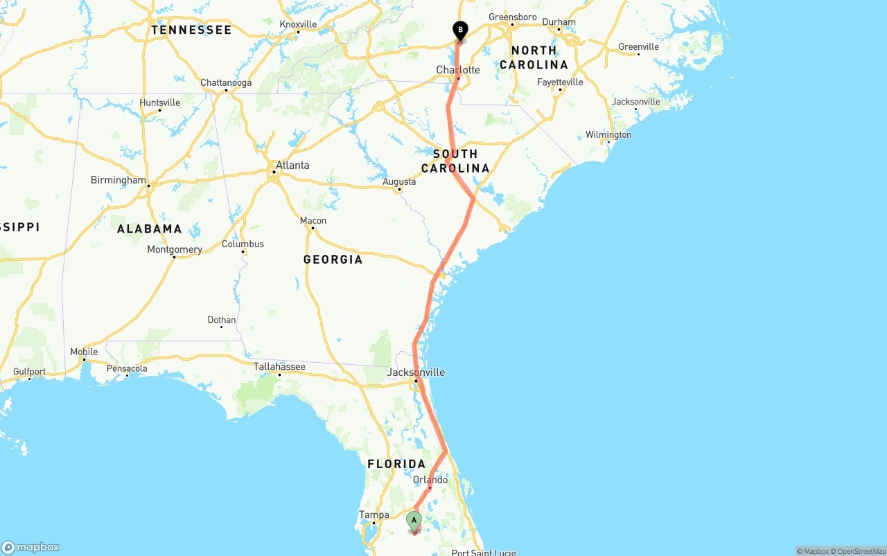 Shipping route from Florida to North Carolina