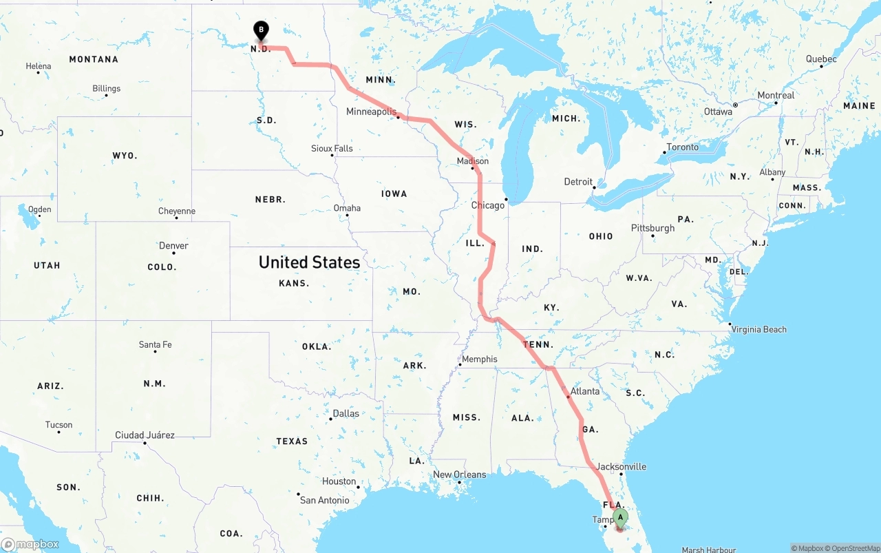Shipping route from Florida to North Dakota