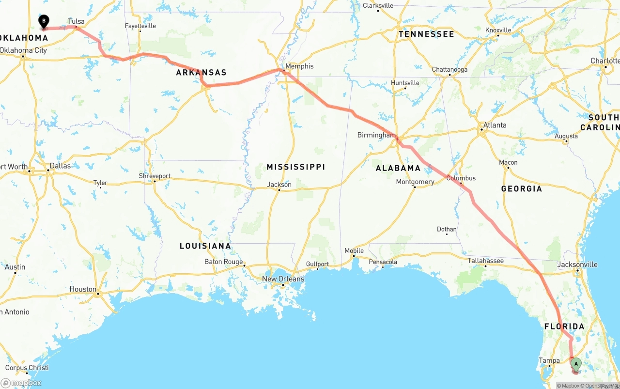 Shipping route from Florida to Oklahoma