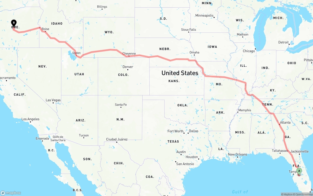Shipping route from Florida to Oregon