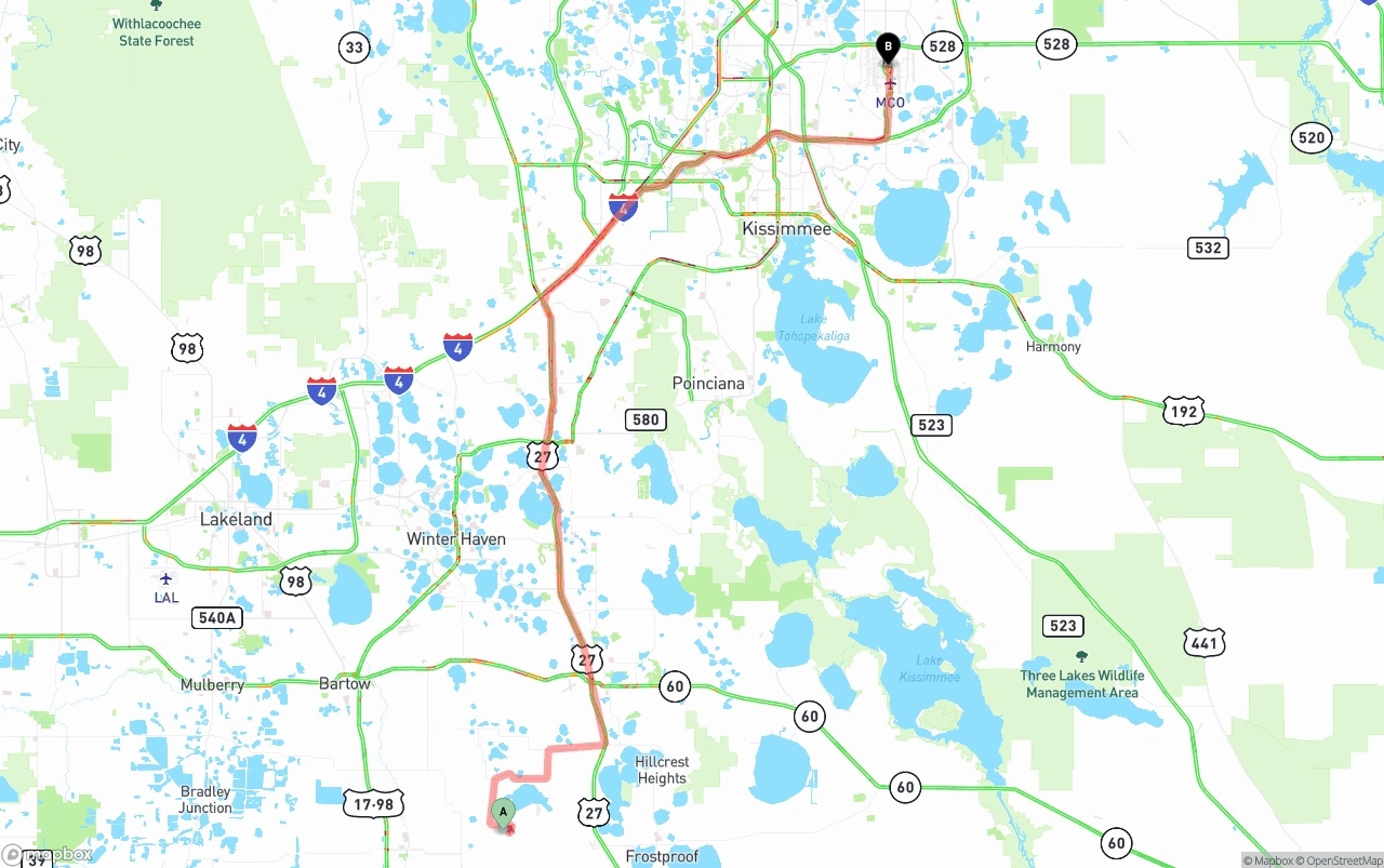 Shipping route from Florida to Orlando International Airport