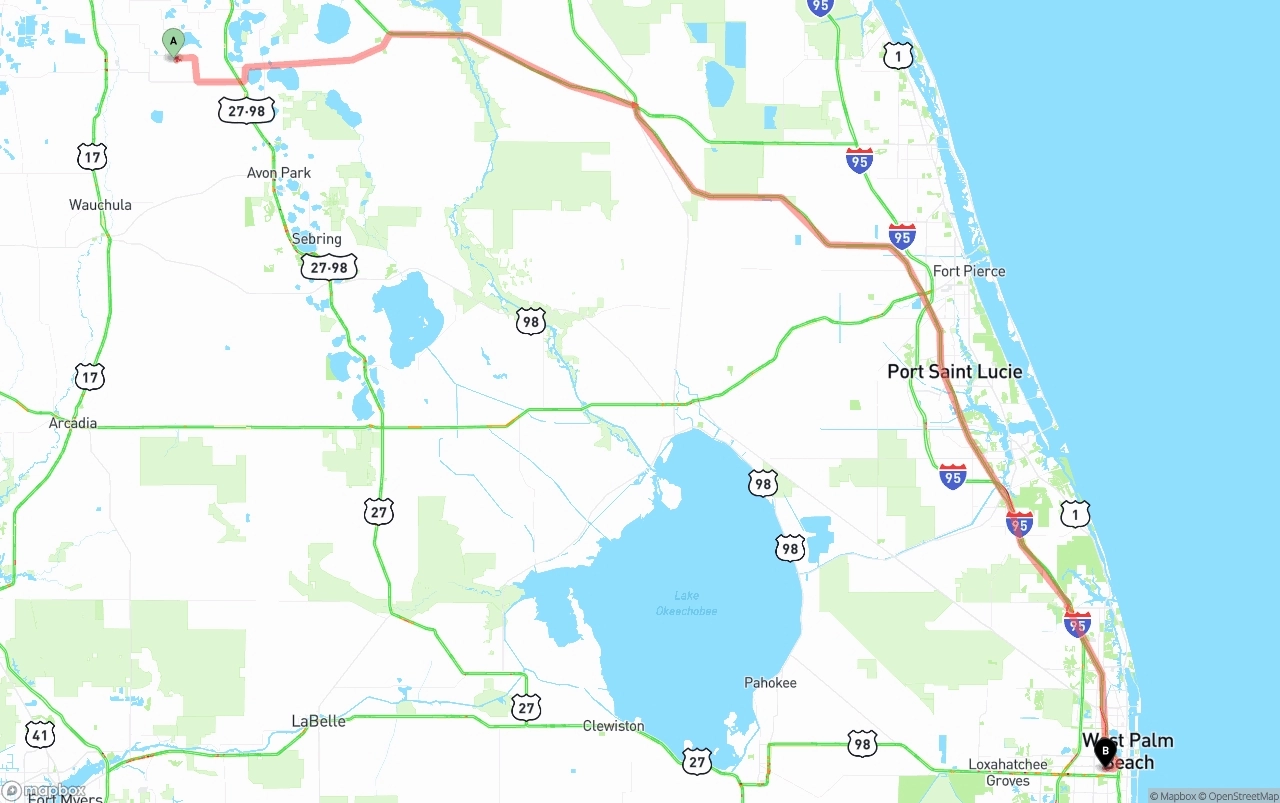 Shipping route from Florida to Palm Beach International Airport