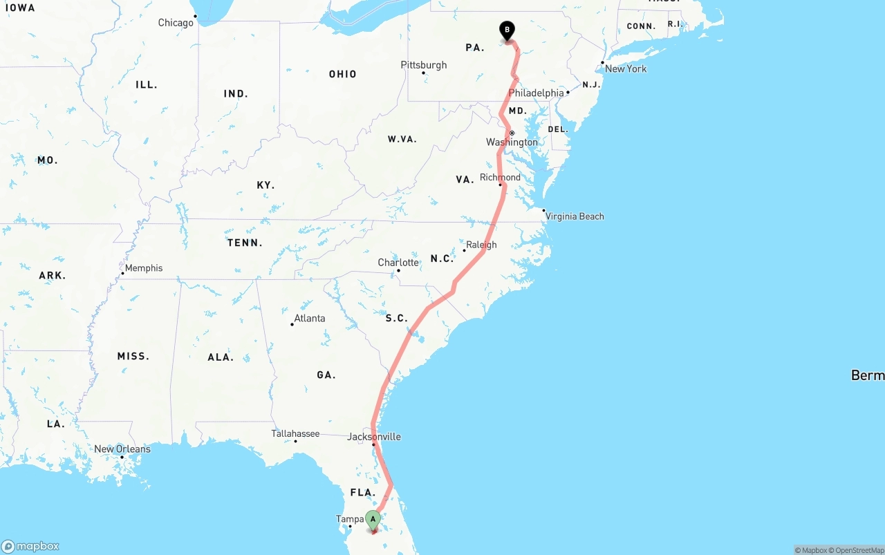 Shipping route from Florida to Pennsylvania