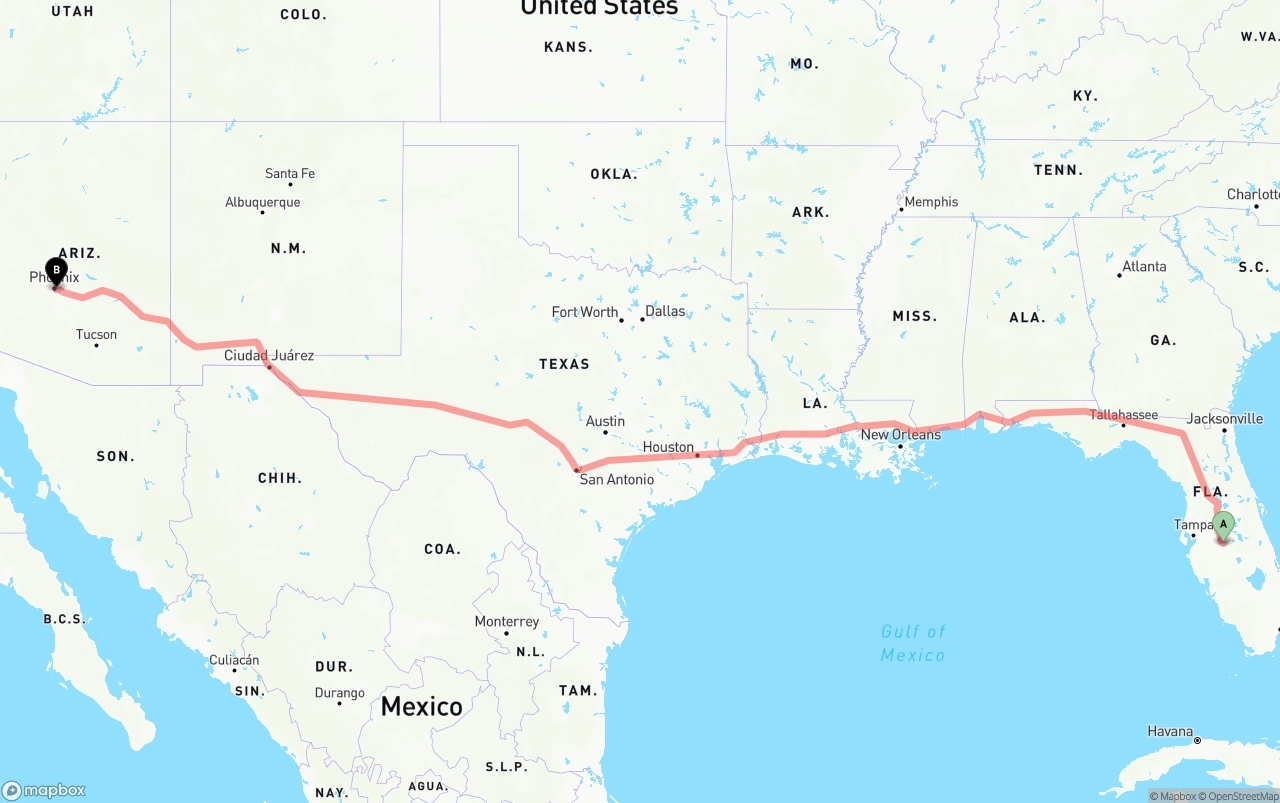 Shipping route from Florida to Phoenix Sky Harbor International Airport