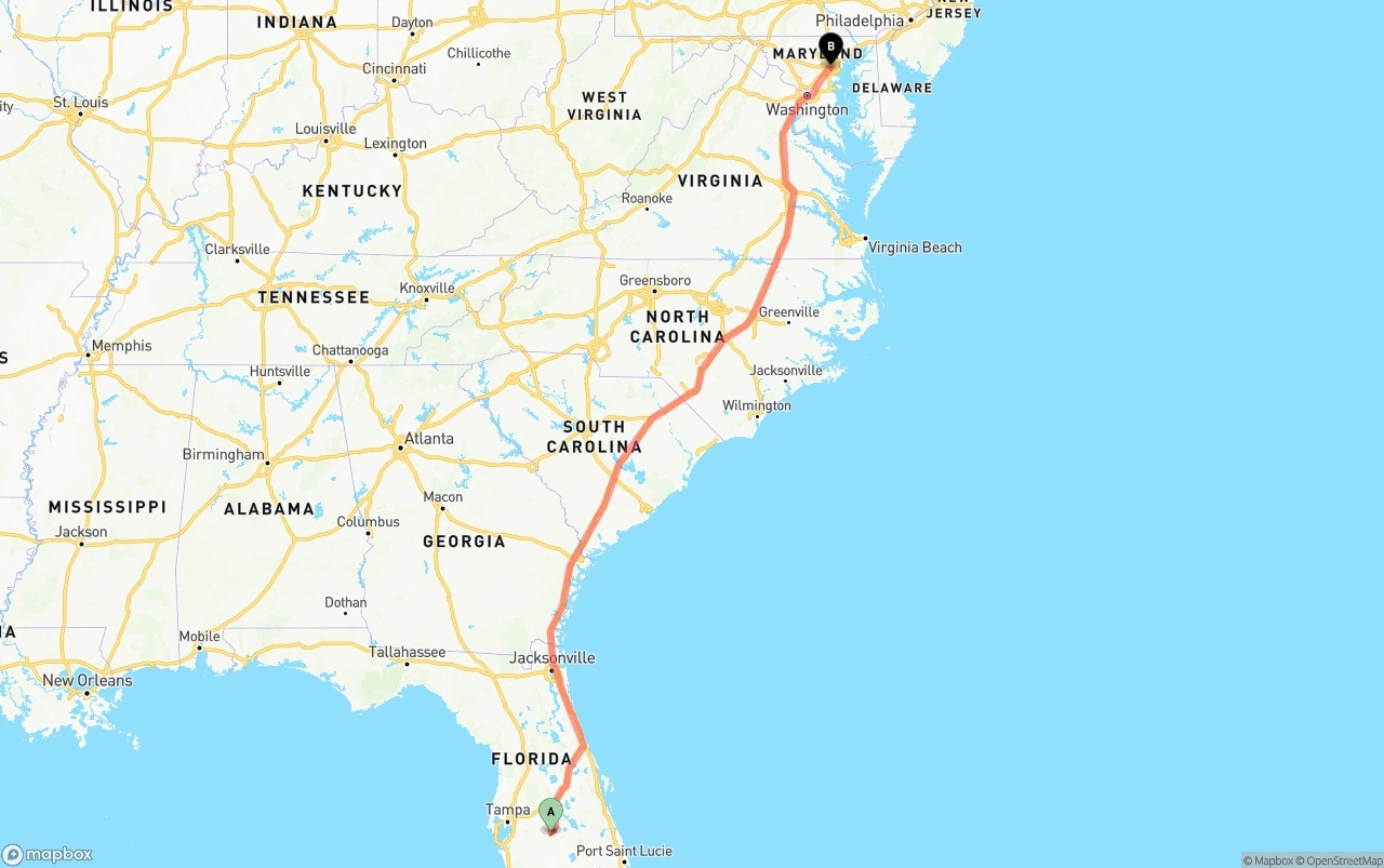 Shipping route from Florida to Port of Baltimore