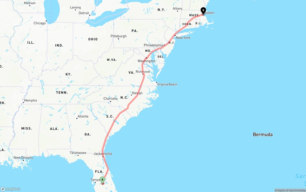 Shipping route from Florida to Port of Boston