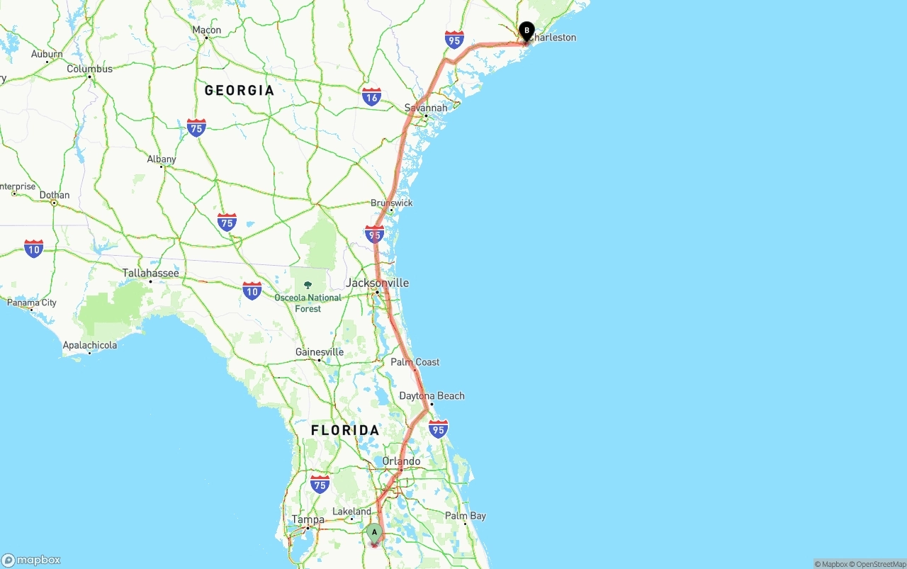 Shipping route from Florida to Port of Charleston