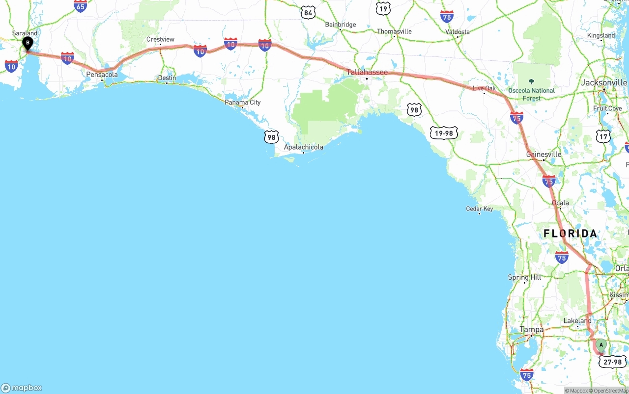 Shipping route from Florida to Port of Mobile