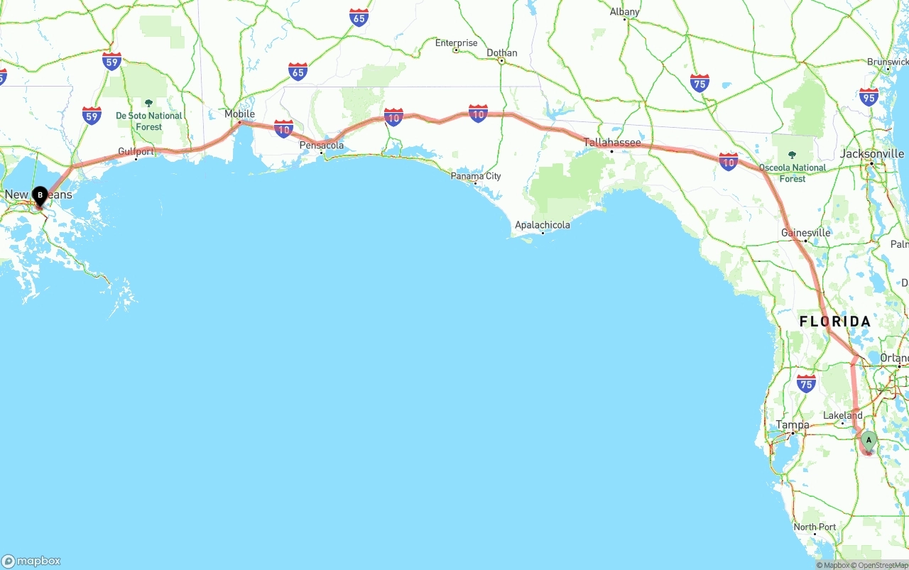 Shipping route from Florida to Port of New Orleans