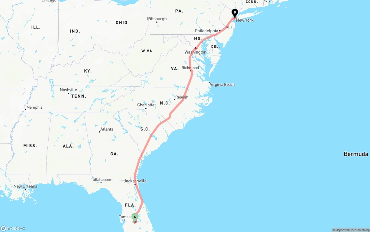 Shipping route from Florida to Port of New York