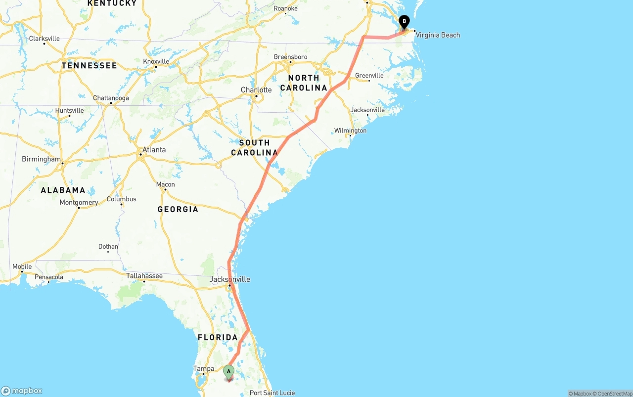 Shipping route from Florida to Port of Norfolk
