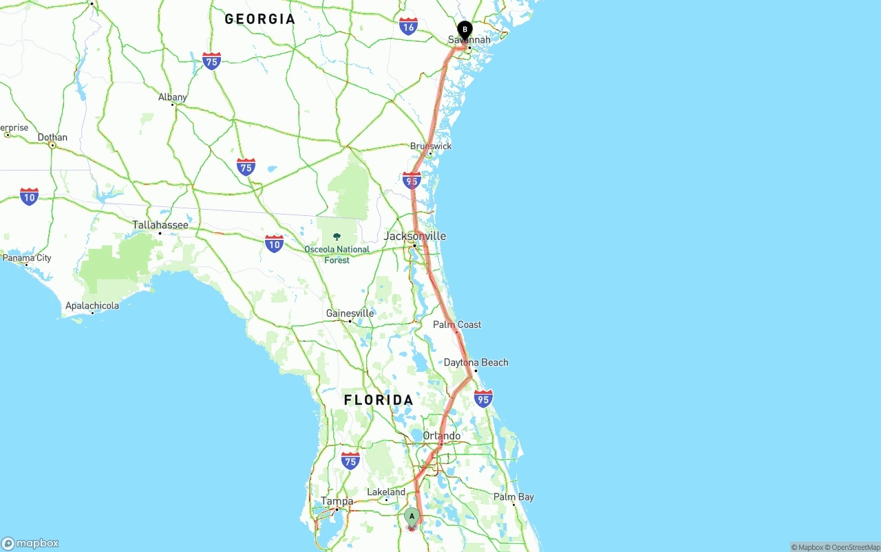 Shipping route from Florida to Port of Savannah